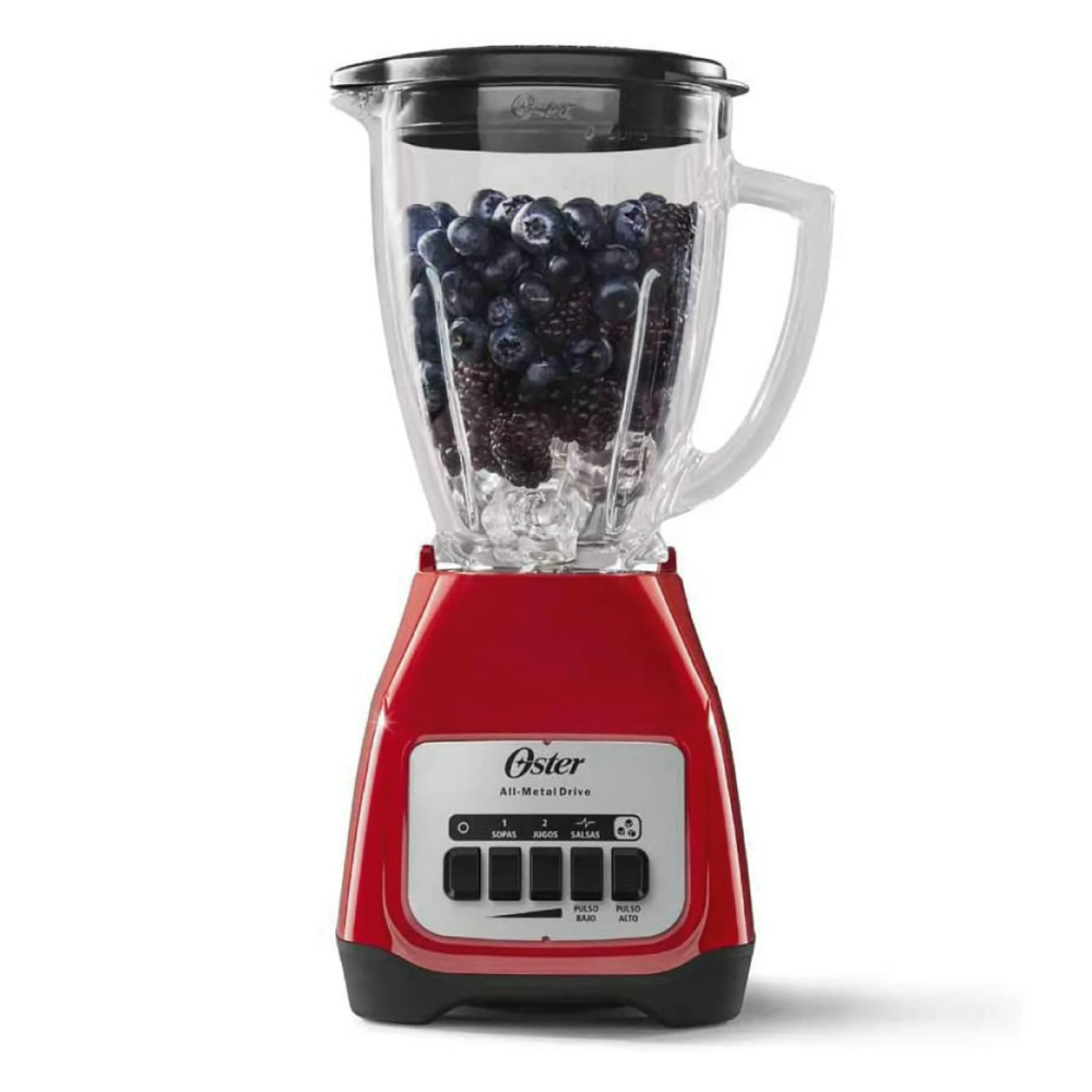Licuadora Oster roja con botones vaso de vidrio sondemesa